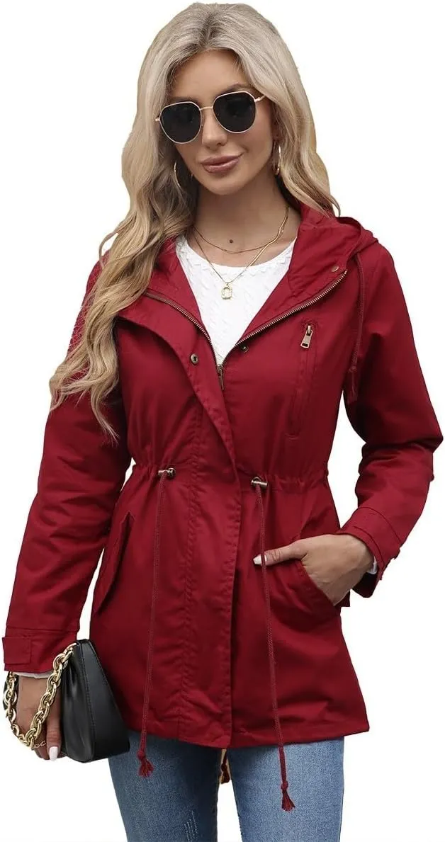 Women Trench Coat Windbreaker Zip Up Jacket With Pockets Casual Long Sleeve Outwear with Waist Drawstring