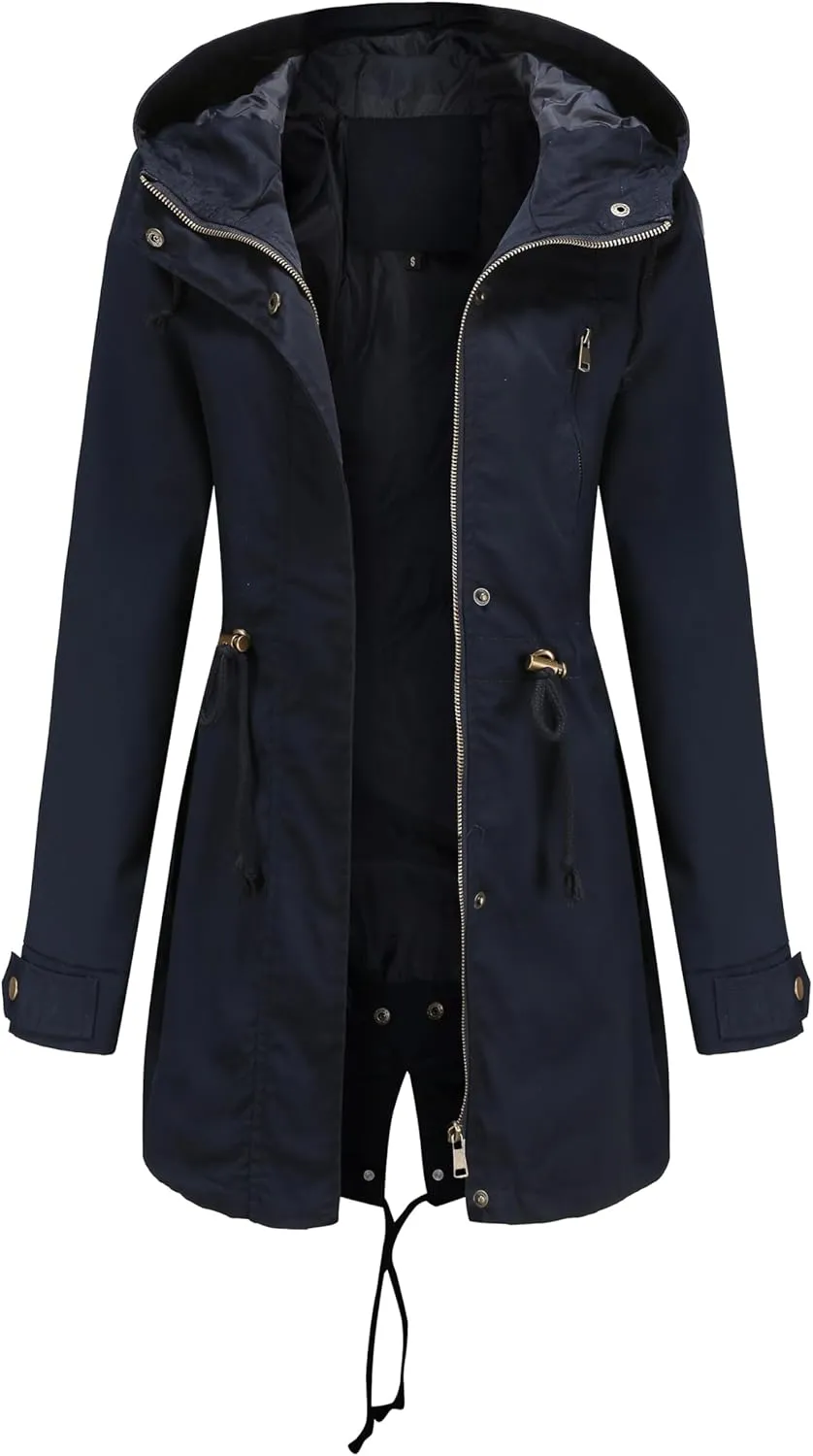 Women Trench Coat Windbreaker Zip Up Jacket With Pockets Casual Long Sleeve Outwear with Waist Drawstring