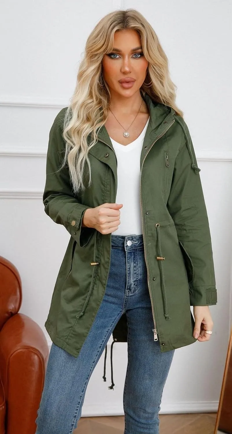 Women Trench Coat Windbreaker Zip Up Jacket With Pockets Casual Long Sleeve Outwear with Waist Drawstring