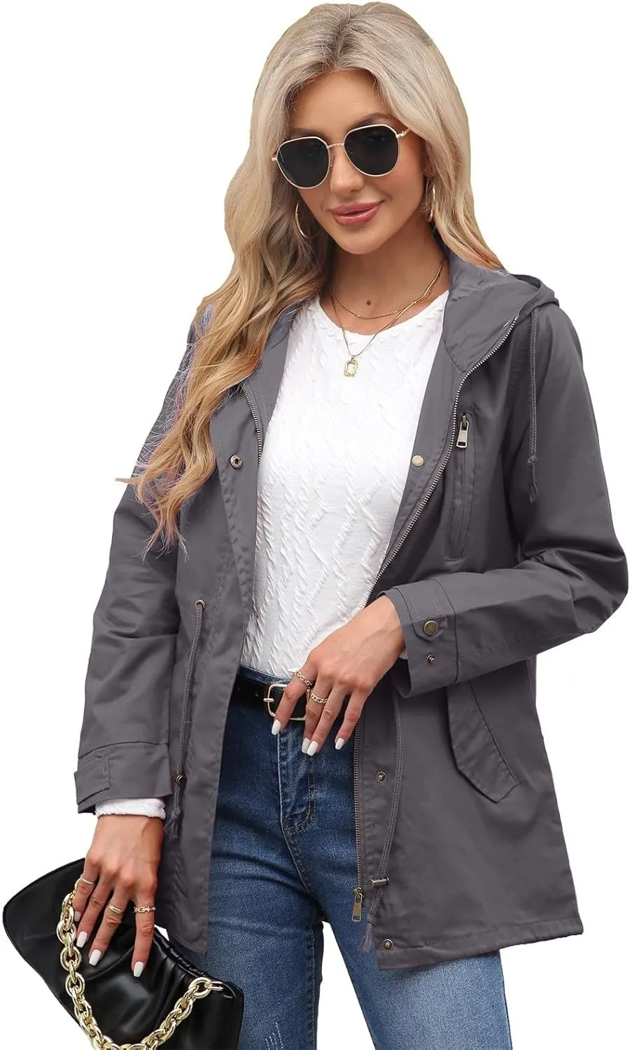 Women Trench Coat Windbreaker Zip Up Jacket With Pockets Casual Long Sleeve Outwear with Waist Drawstring