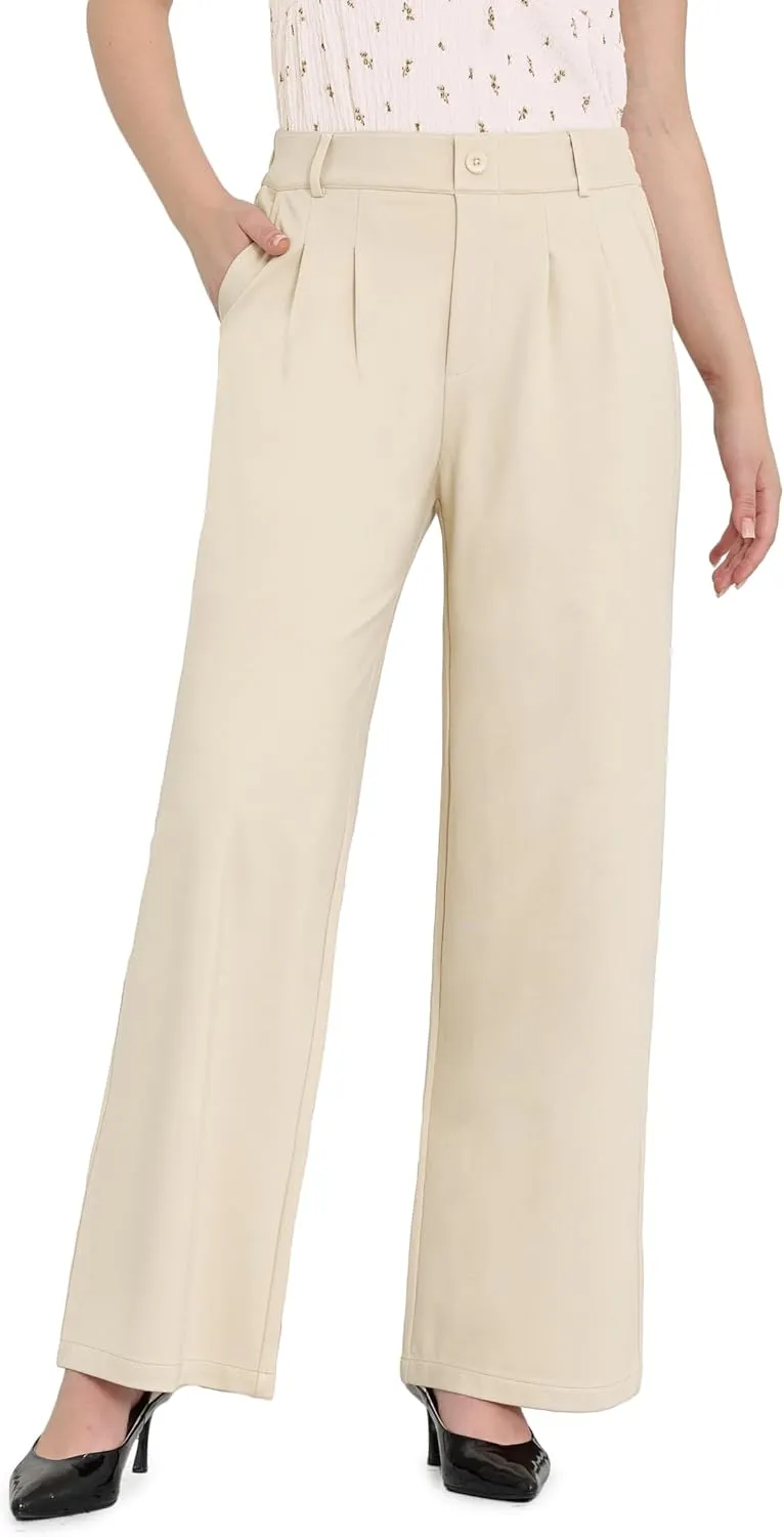 Women Wide Leg Dress Pants High Elastic Waisted Work Business Office Pants Casual Slacks Trousers with Pockets 29"