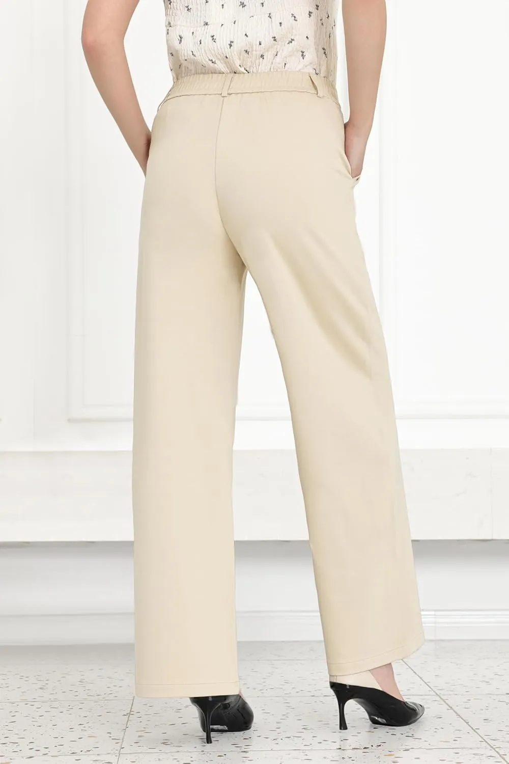 Women Wide Leg Dress Pants High Elastic Waisted Work Business Office Pants Casual Slacks Trousers with Pockets 29"