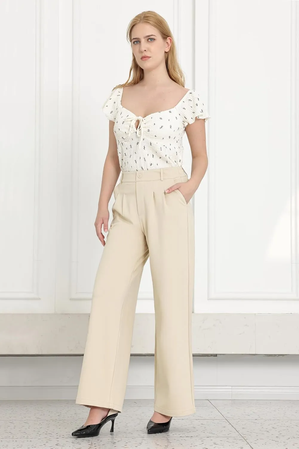 Women Wide Leg Dress Pants High Elastic Waisted Work Business Office Pants Casual Slacks Trousers with Pockets 29"