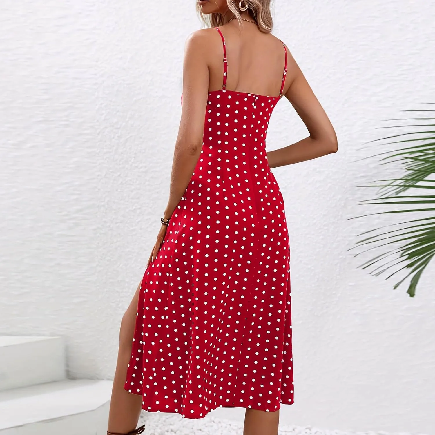 Women's 2024 Summer Casual Boho Ditsy Floral Spaghetti Strap Cami Split Midi Dresses Slim Fit Square Neck Sundresses