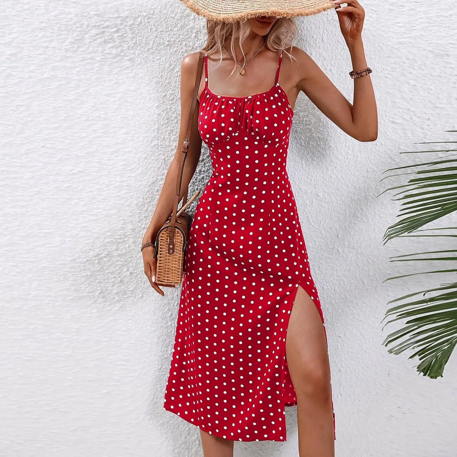 Women's 2024 Summer Casual Boho Ditsy Floral Spaghetti Strap Cami Split Midi Dresses Slim Fit Square Neck Sundresses