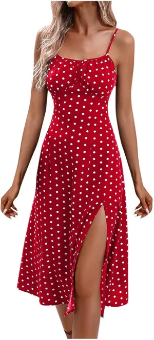 Women's 2024 Summer Casual Boho Ditsy Floral Spaghetti Strap Cami Split Midi Dresses Slim Fit Square Neck Sundresses