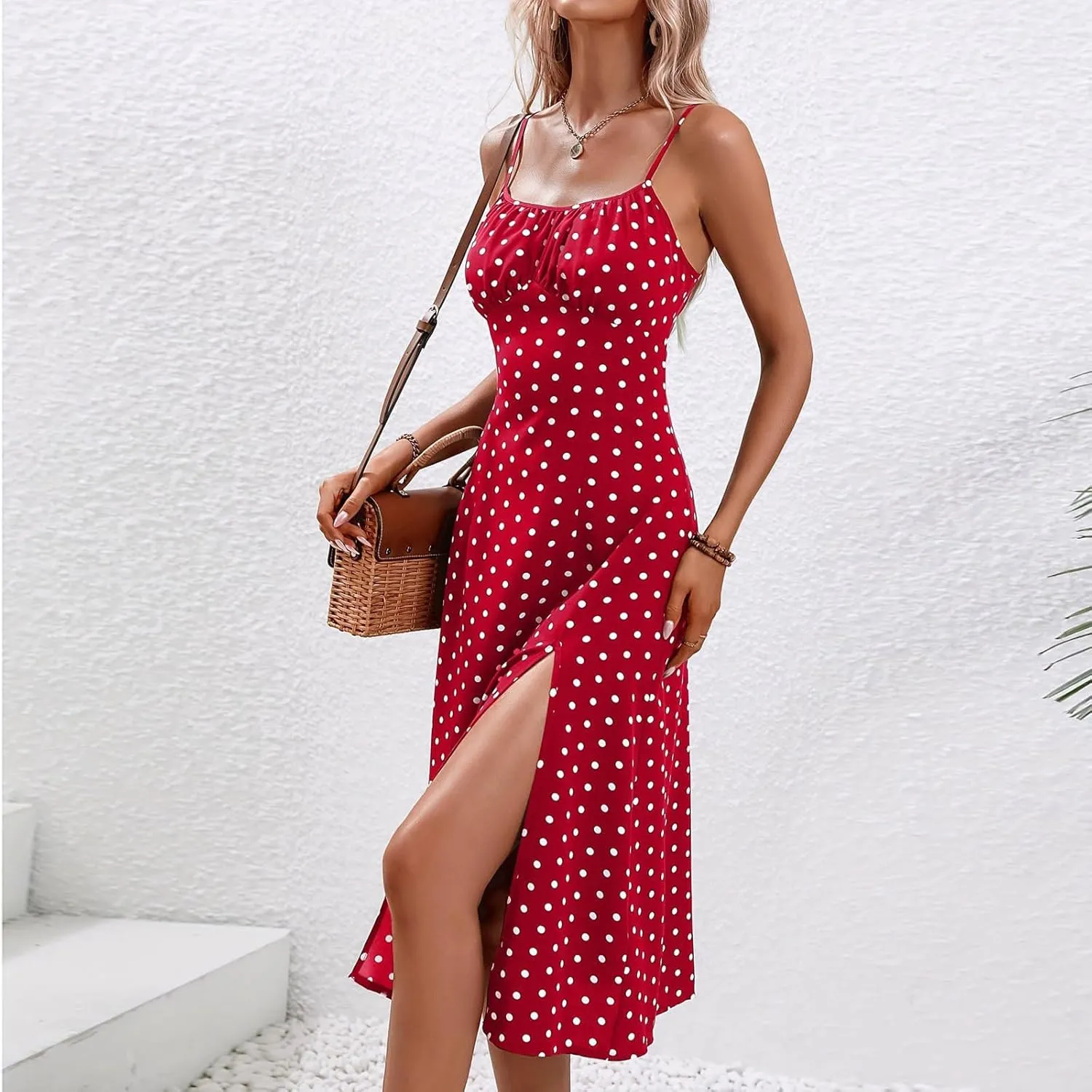 Women's 2024 Summer Casual Boho Ditsy Floral Spaghetti Strap Cami Split Midi Dresses Slim Fit Square Neck Sundresses