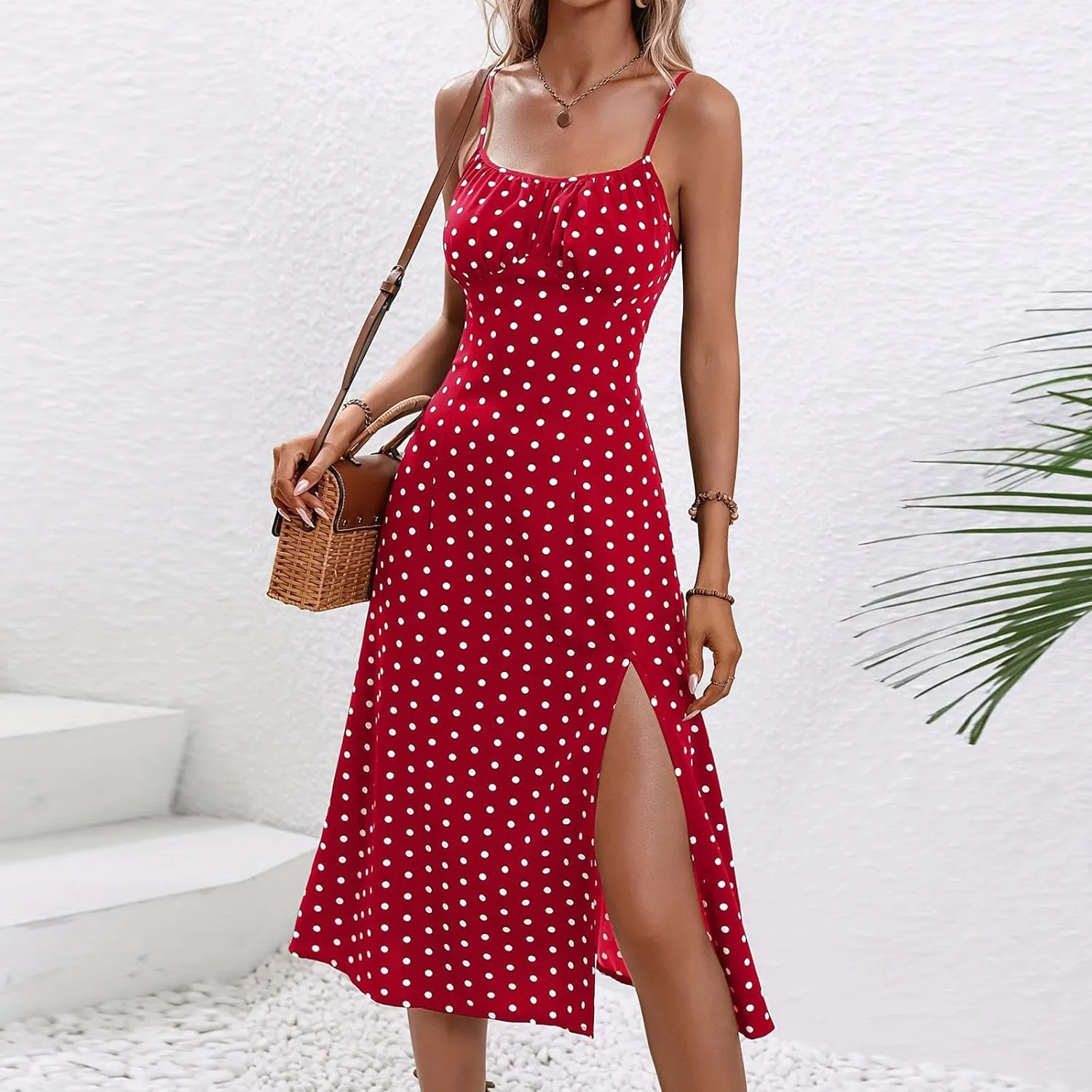 Women's 2024 Summer Casual Boho Ditsy Floral Spaghetti Strap Cami Split Midi Dresses Slim Fit Square Neck Sundresses