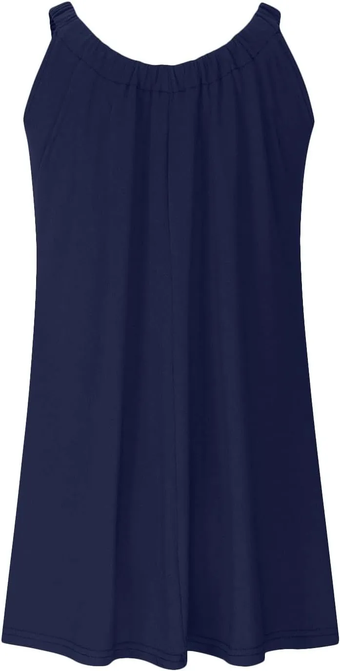 Women's 2025 Sun Dresses Summer Casual Mini Dress Elastic Straps Pleated Beach Dresses Comfy Loose Tank Dress