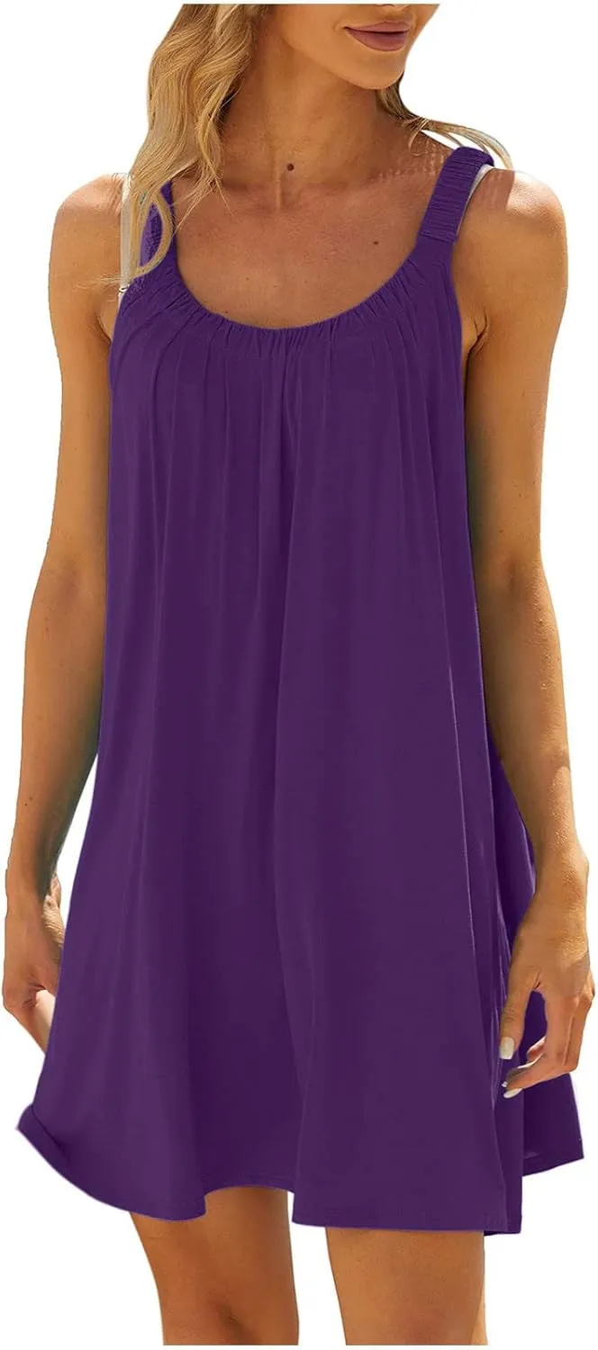 Women's 2025 Sun Dresses Summer Casual Mini Dress Elastic Straps Pleated Beach Dresses Comfy Loose Tank Dress