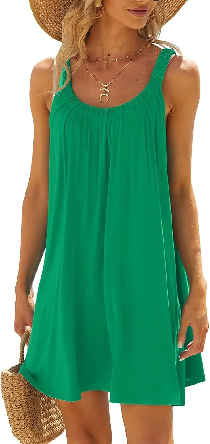 Women's 2025 Sun Dresses Summer Casual Mini Dress Elastic Straps Pleated Beach Dresses Comfy Loose Tank Dress