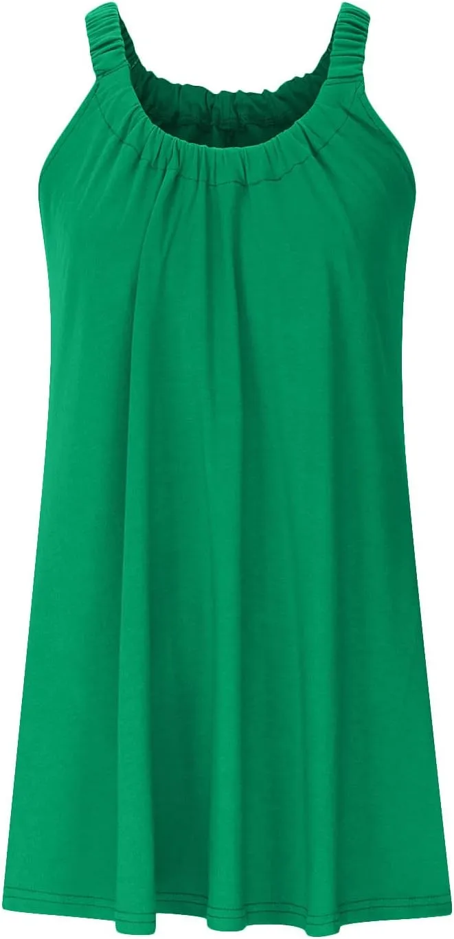 Women's 2025 Sun Dresses Summer Casual Mini Dress Elastic Straps Pleated Beach Dresses Comfy Loose Tank Dress