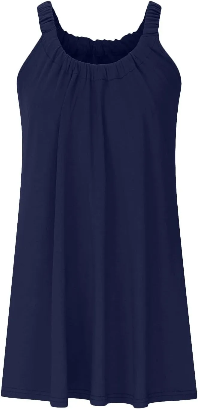 Women's 2025 Sun Dresses Summer Casual Mini Dress Elastic Straps Pleated Beach Dresses Comfy Loose Tank Dress