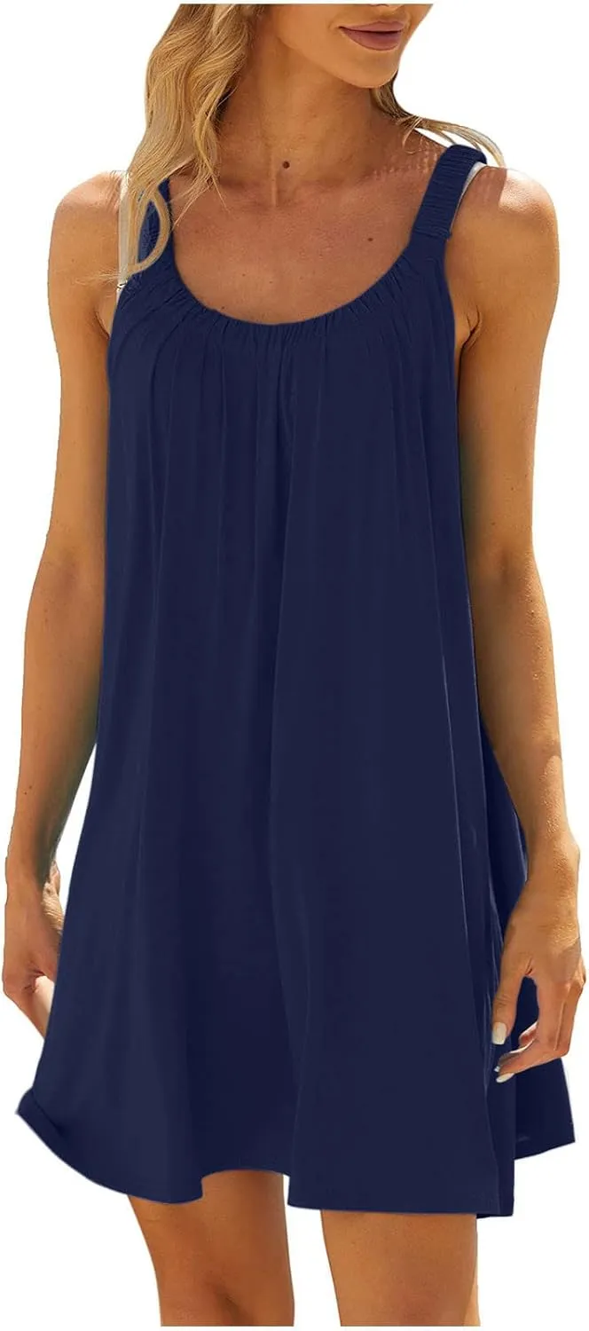 Women's 2025 Sun Dresses Summer Casual Mini Dress Elastic Straps Pleated Beach Dresses Comfy Loose Tank Dress