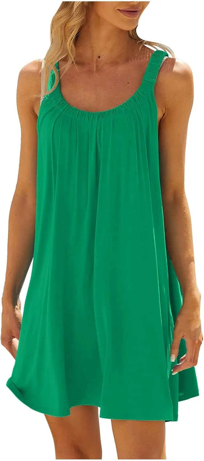 Women's 2025 Sun Dresses Summer Casual Mini Dress Elastic Straps Pleated Beach Dresses Comfy Loose Tank Dress