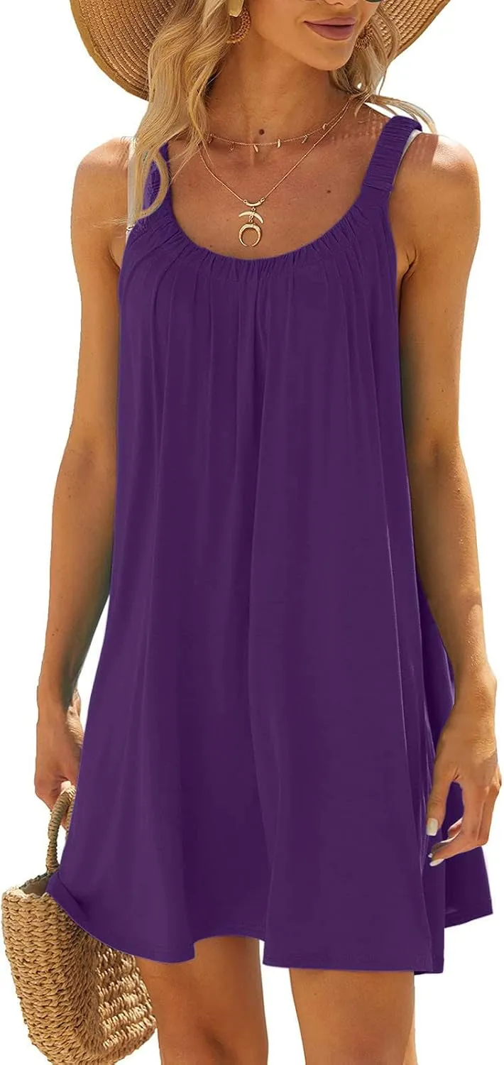 Women's 2025 Sun Dresses Summer Casual Mini Dress Elastic Straps Pleated Beach Dresses Comfy Loose Tank Dress