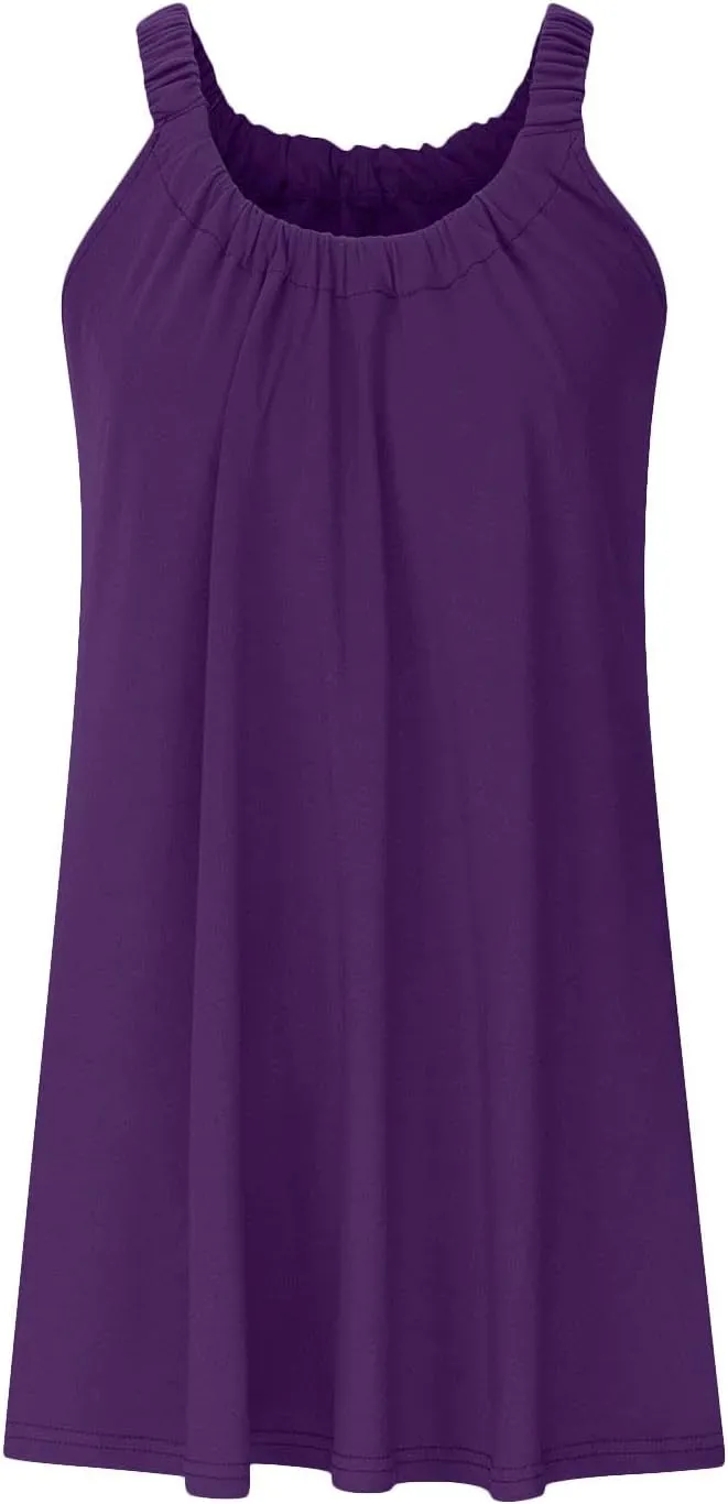 Women's 2025 Sun Dresses Summer Casual Mini Dress Elastic Straps Pleated Beach Dresses Comfy Loose Tank Dress