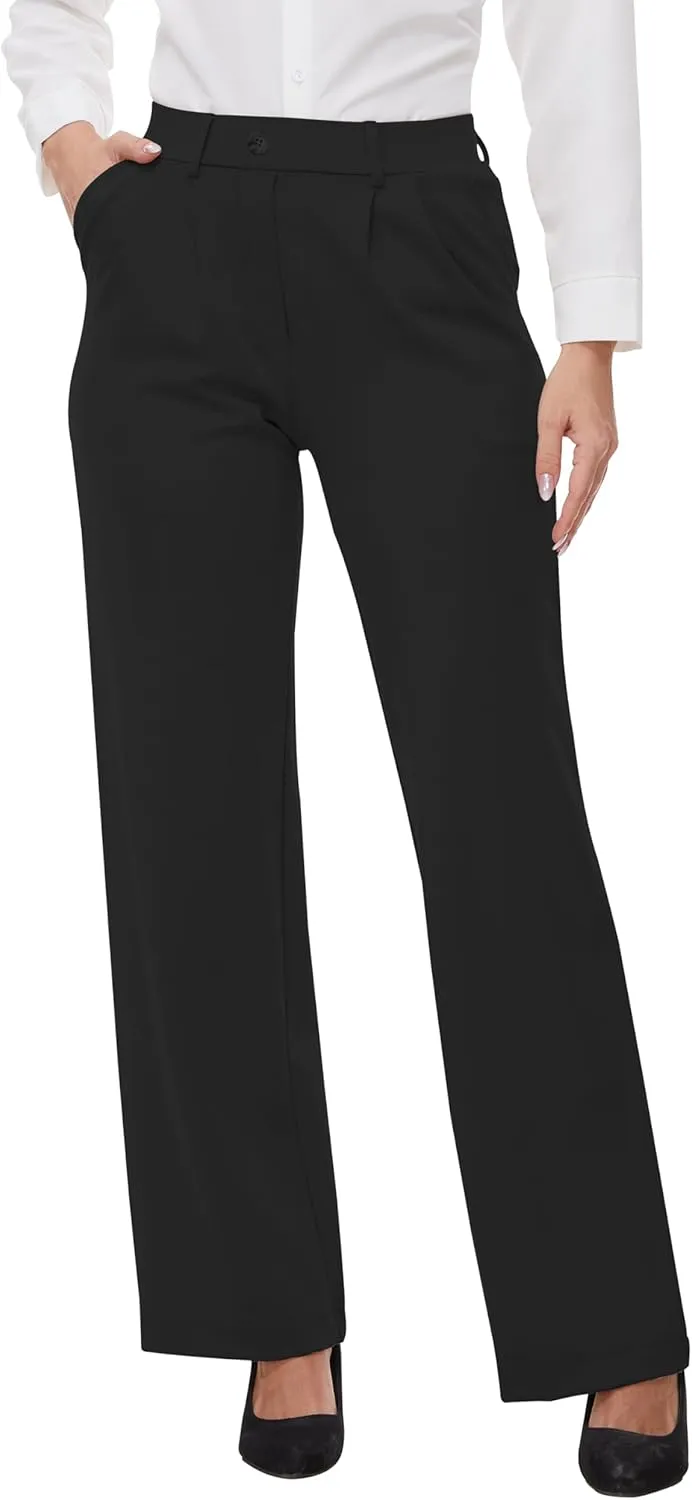 Womens 22"/27"/29"/31" Wide Leg Pleated Yoga Dress Pants, High Waist Stretchy Slacks for Workout Business Casual