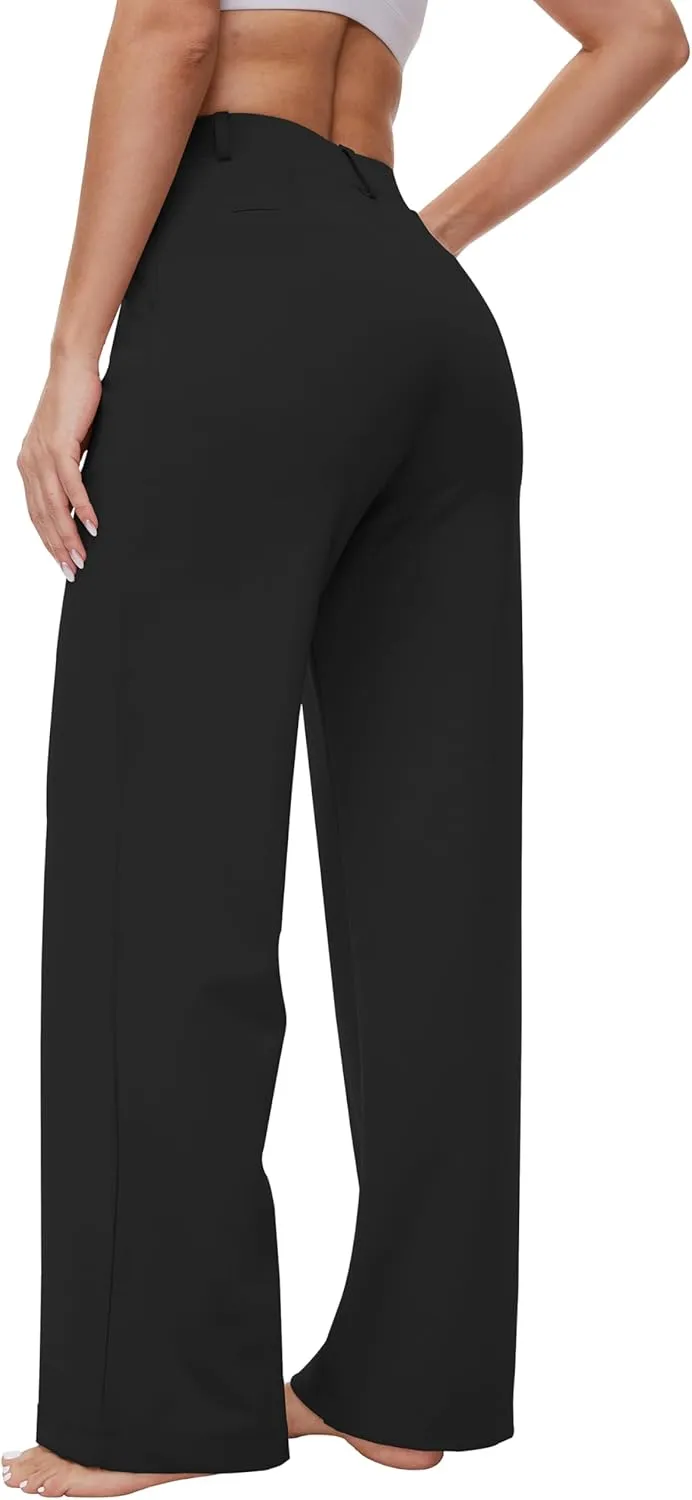 Womens 22"/27"/29"/31" Wide Leg Pleated Yoga Dress Pants, High Waist Stretchy Slacks for Workout Business Casual