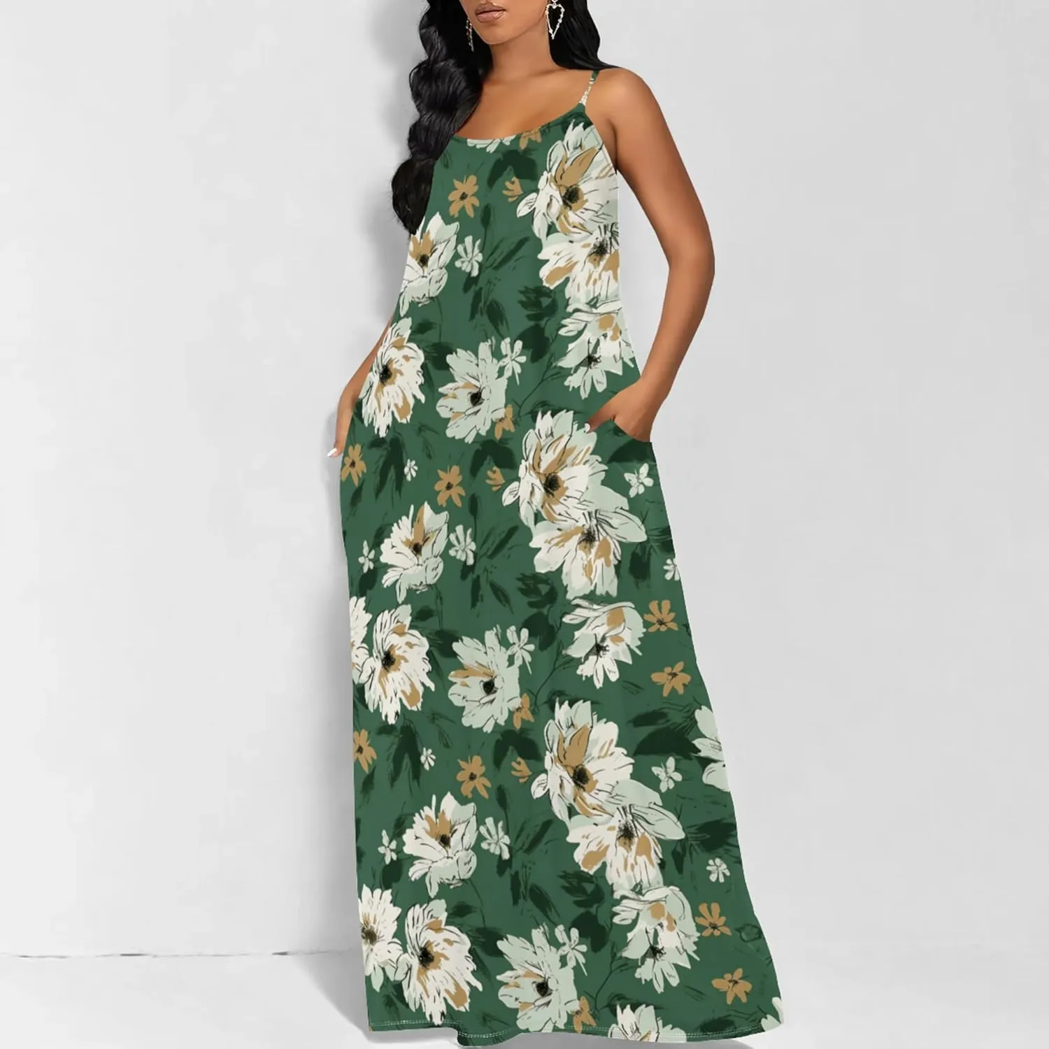 Womens Boho Floral Maxi Summer Dress 2024 A-line Sexy Spaghetti Strap Dress with Pockets Beach Sundresses