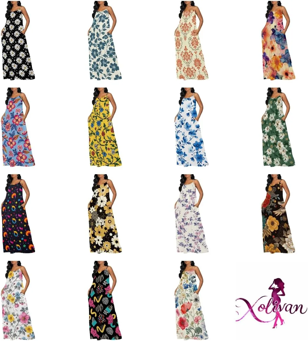 Womens Boho Floral Maxi Summer Dress 2024 A-line Sexy Spaghetti Strap Dress with Pockets Beach Sundresses