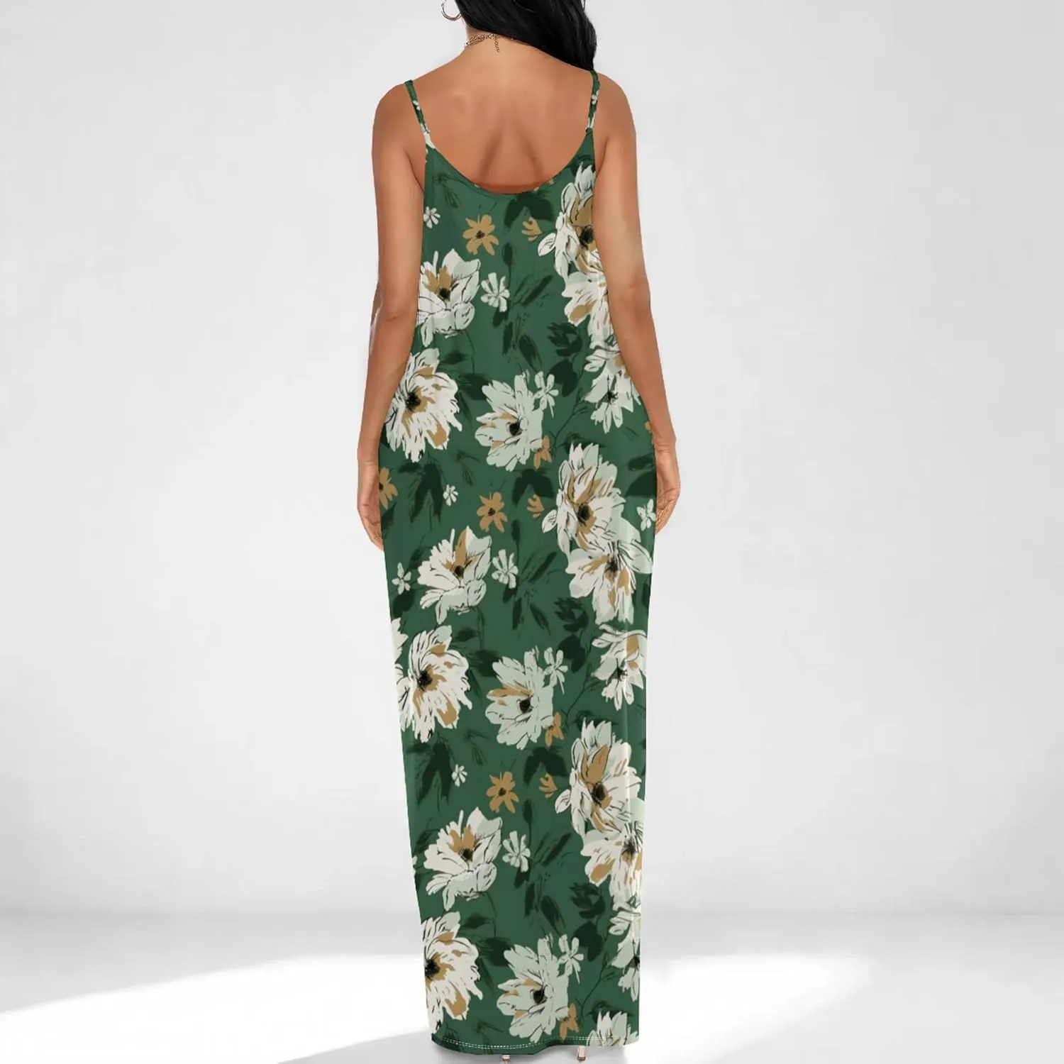 Womens Boho Floral Maxi Summer Dress 2024 A-line Sexy Spaghetti Strap Dress with Pockets Beach Sundresses