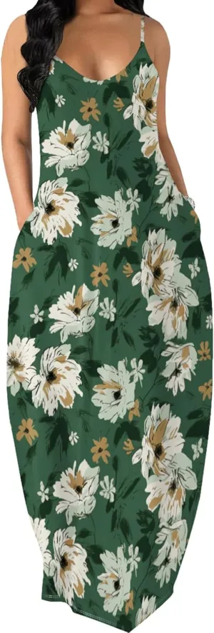 Womens Boho Floral Maxi Summer Dress 2024 A-line Sexy Spaghetti Strap Dress with Pockets Beach Sundresses