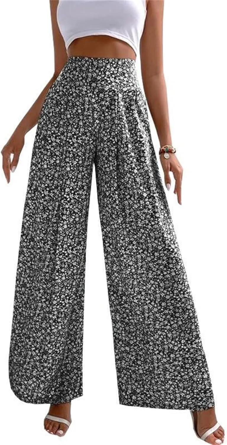 Womens Boho Floral Pants High Waist Palazzo Trousers Lightweight Comfy Loose Fit Wide Leg Lounge Long Pants