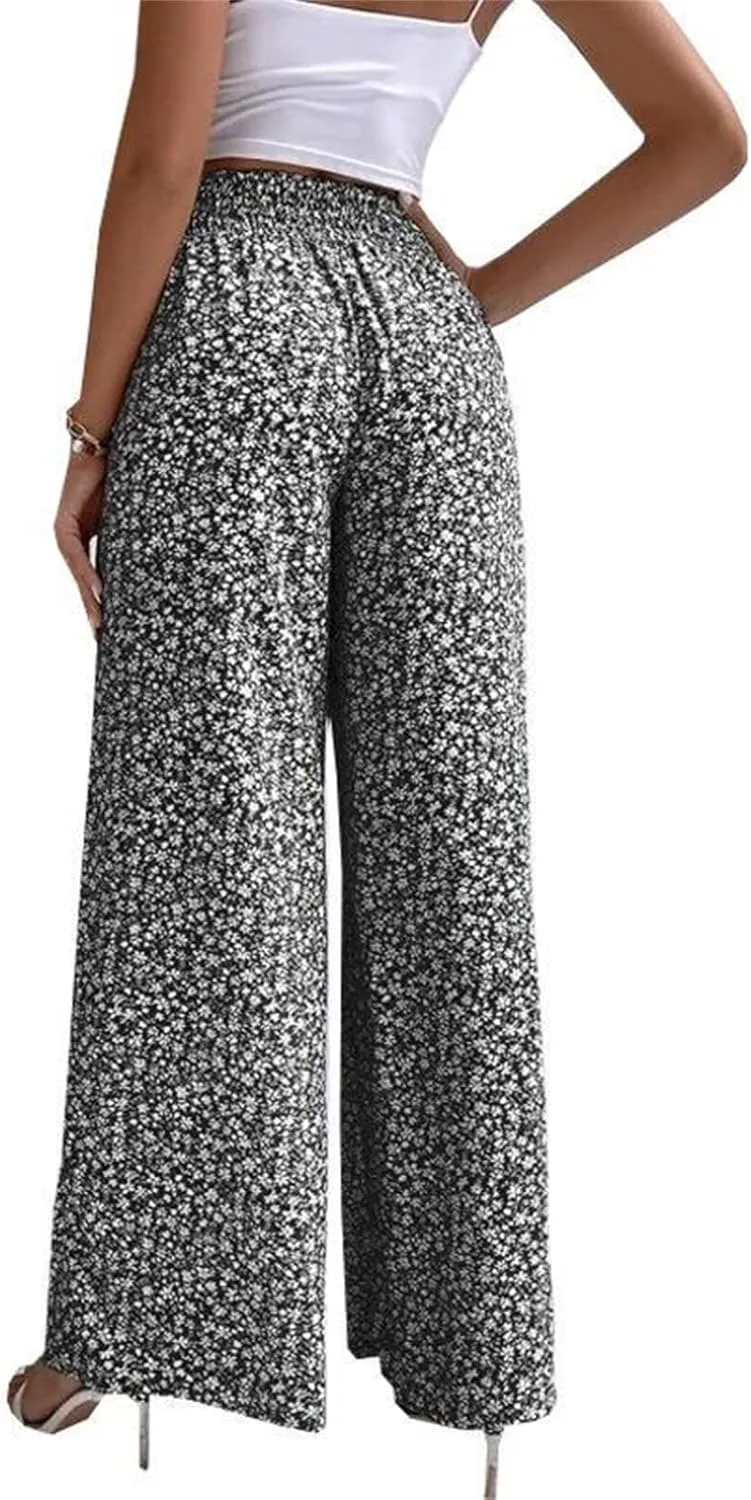 Womens Boho Floral Pants High Waist Palazzo Trousers Lightweight Comfy Loose Fit Wide Leg Lounge Long Pants