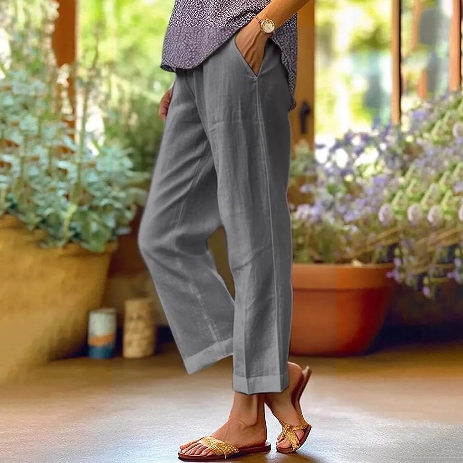 Womens Boho Linen Capris Pants Elastic Waist Drawstring Loose Leg Cropped Trousers Summer Beach Outfits
