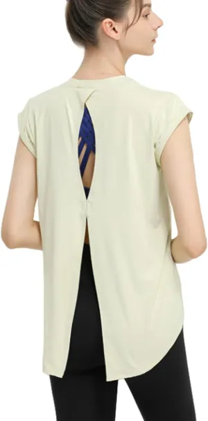 Women's Breathable Workout T-Shirt Backless Yoga Top,Quick-Dry Running Shirt with Curved Hem,S-XL