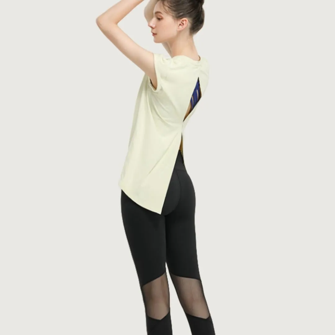 Women's Breathable Workout T-Shirt Backless Yoga Top,Quick-Dry Running Shirt with Curved Hem,S-XL