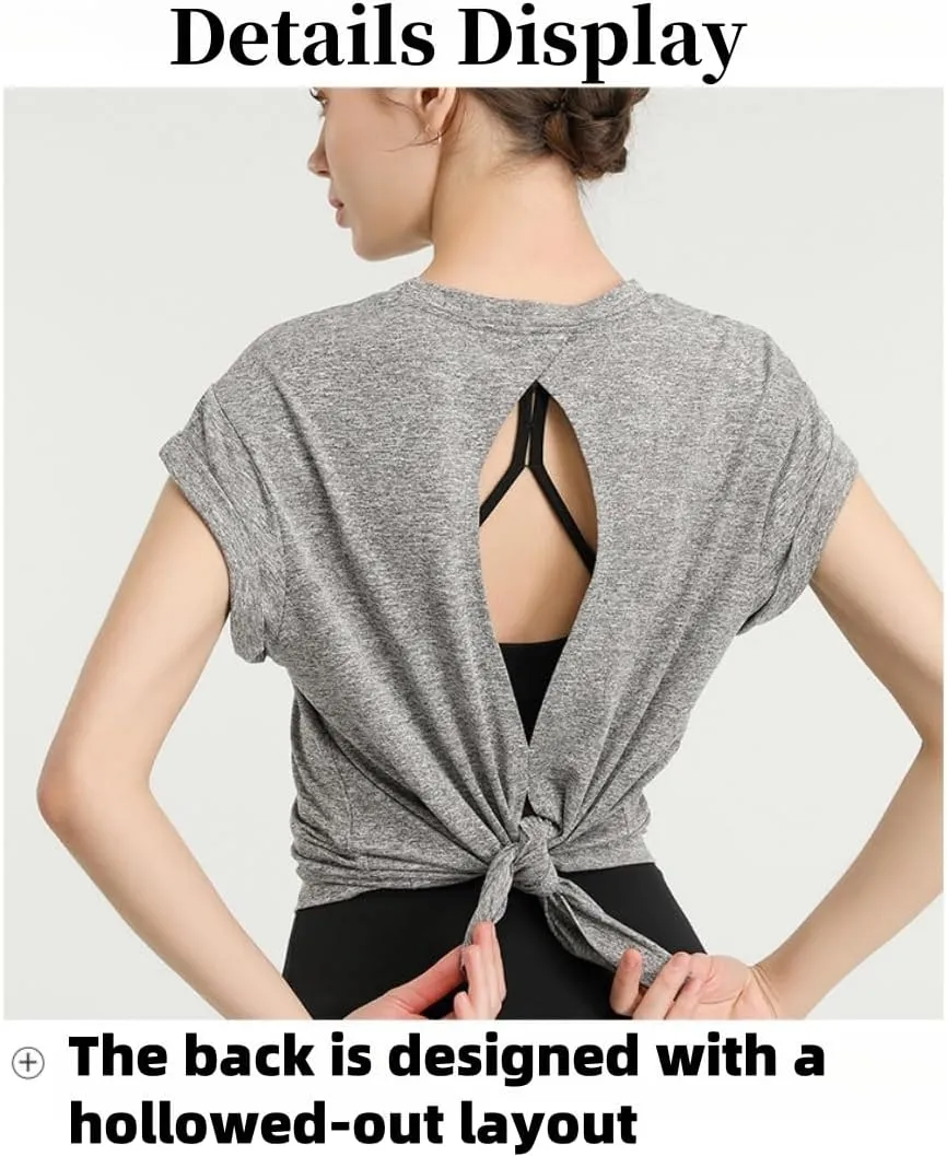 Women's Breathable Workout T-Shirt Backless Yoga Top,Quick-Dry Running Shirt with Curved Hem,S-XL