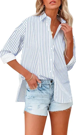 Womens Button Down Shirts Cotton Striped Dress Shirt Long Sleeve Collared Office Work Pinstripes Blouses Tops