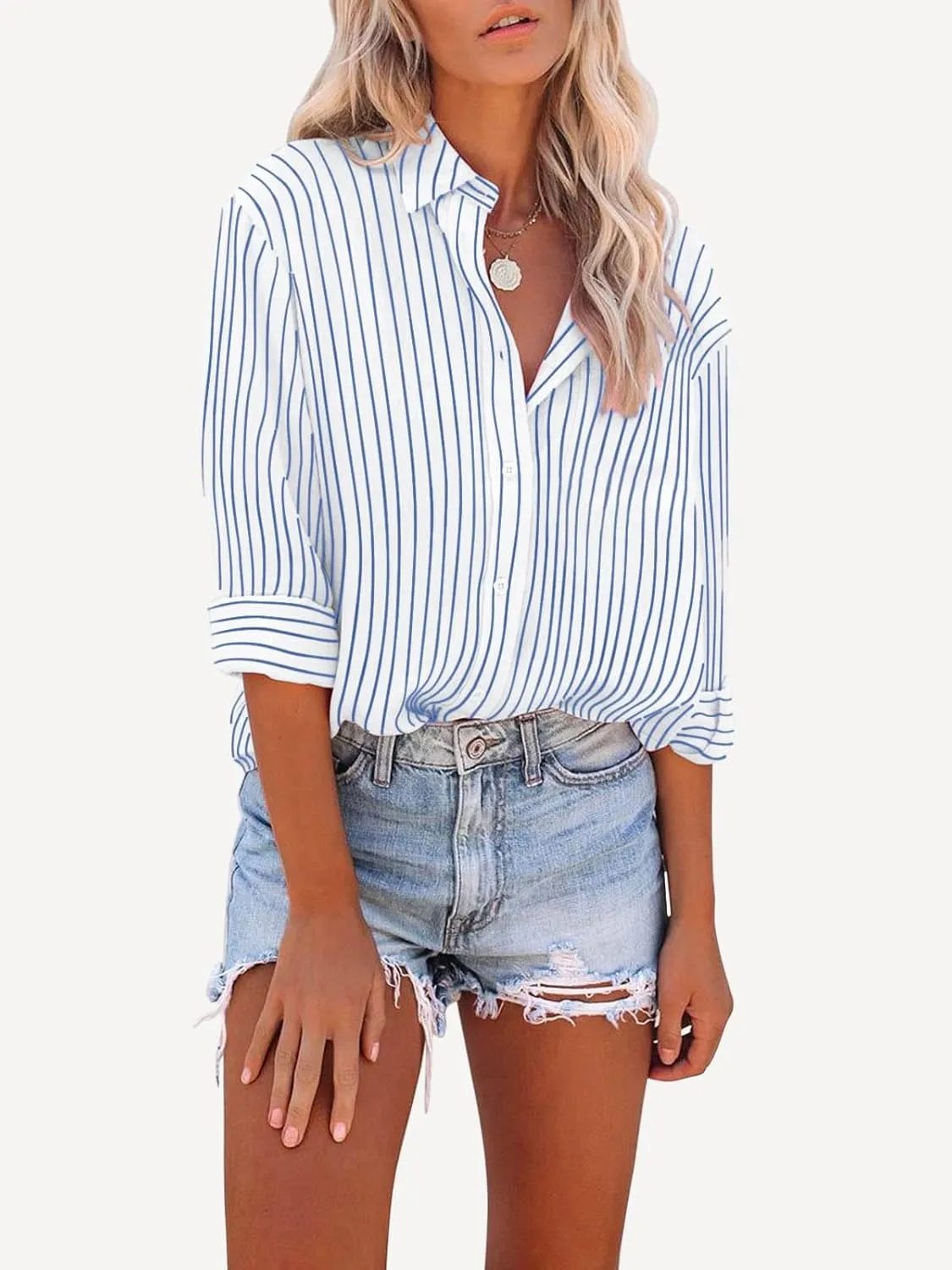 Womens Button Down Shirts Cotton Striped Dress Shirt Long Sleeve Collared Office Work Pinstripes Blouses Tops