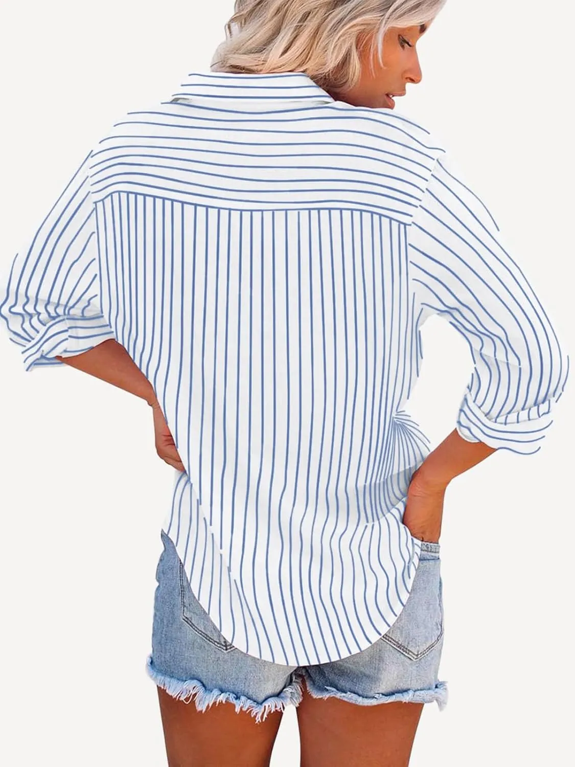 Womens Button Down Shirts Cotton Striped Dress Shirt Long Sleeve Collared Office Work Pinstripes Blouses Tops