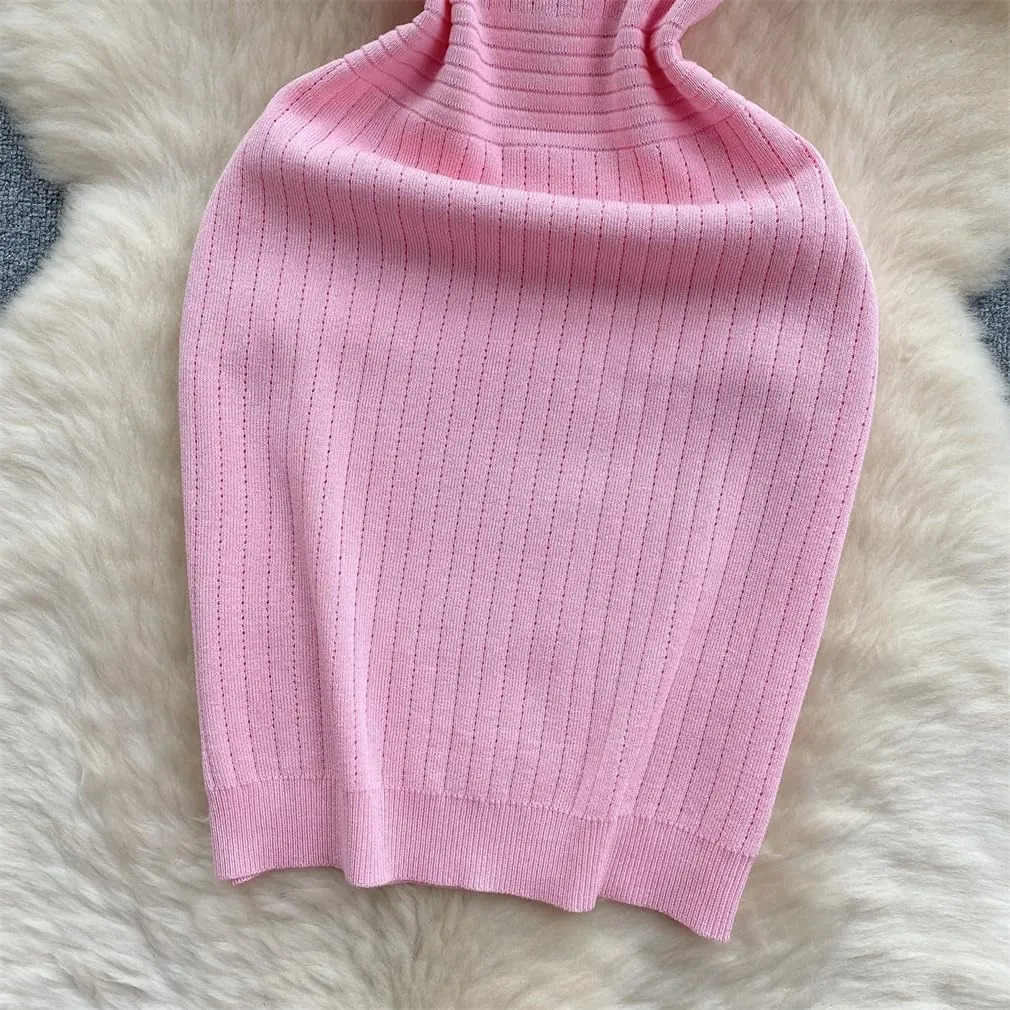 Women's Buttons Knitting Tank Dress Summer Female Bodycon Knitted Camisole Sleeveless Mini Dresses for Woman Outfits