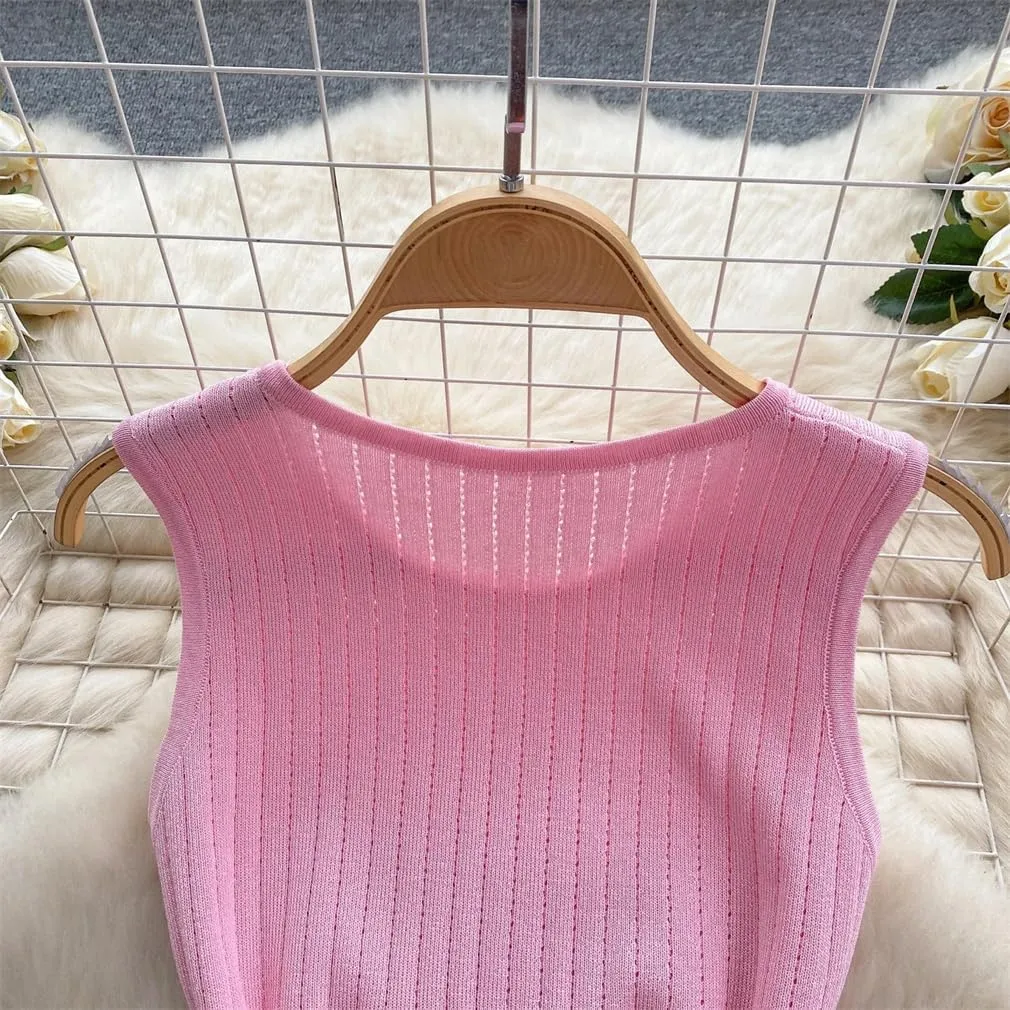 Women's Buttons Knitting Tank Dress Summer Female Bodycon Knitted Camisole Sleeveless Mini Dresses for Woman Outfits