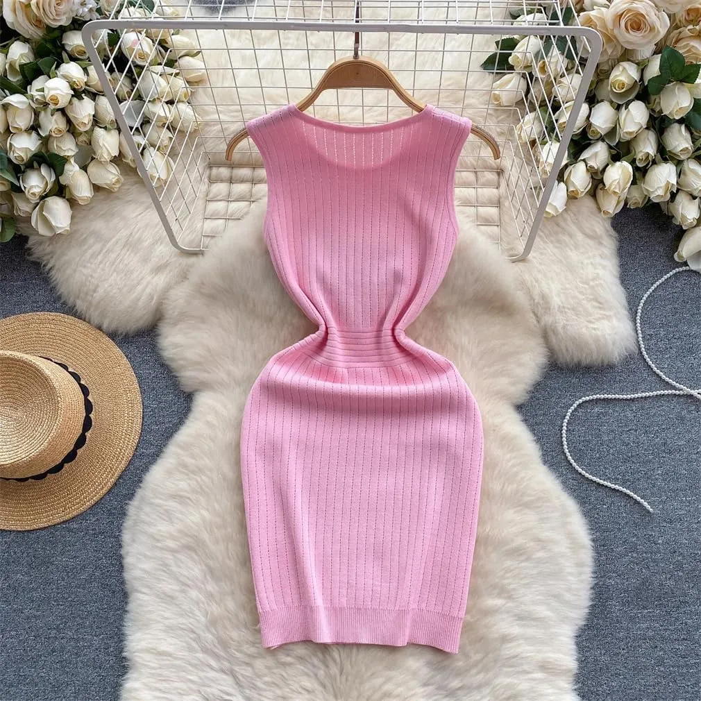Women's Buttons Knitting Tank Dress Summer Female Bodycon Knitted Camisole Sleeveless Mini Dresses for Woman Outfits