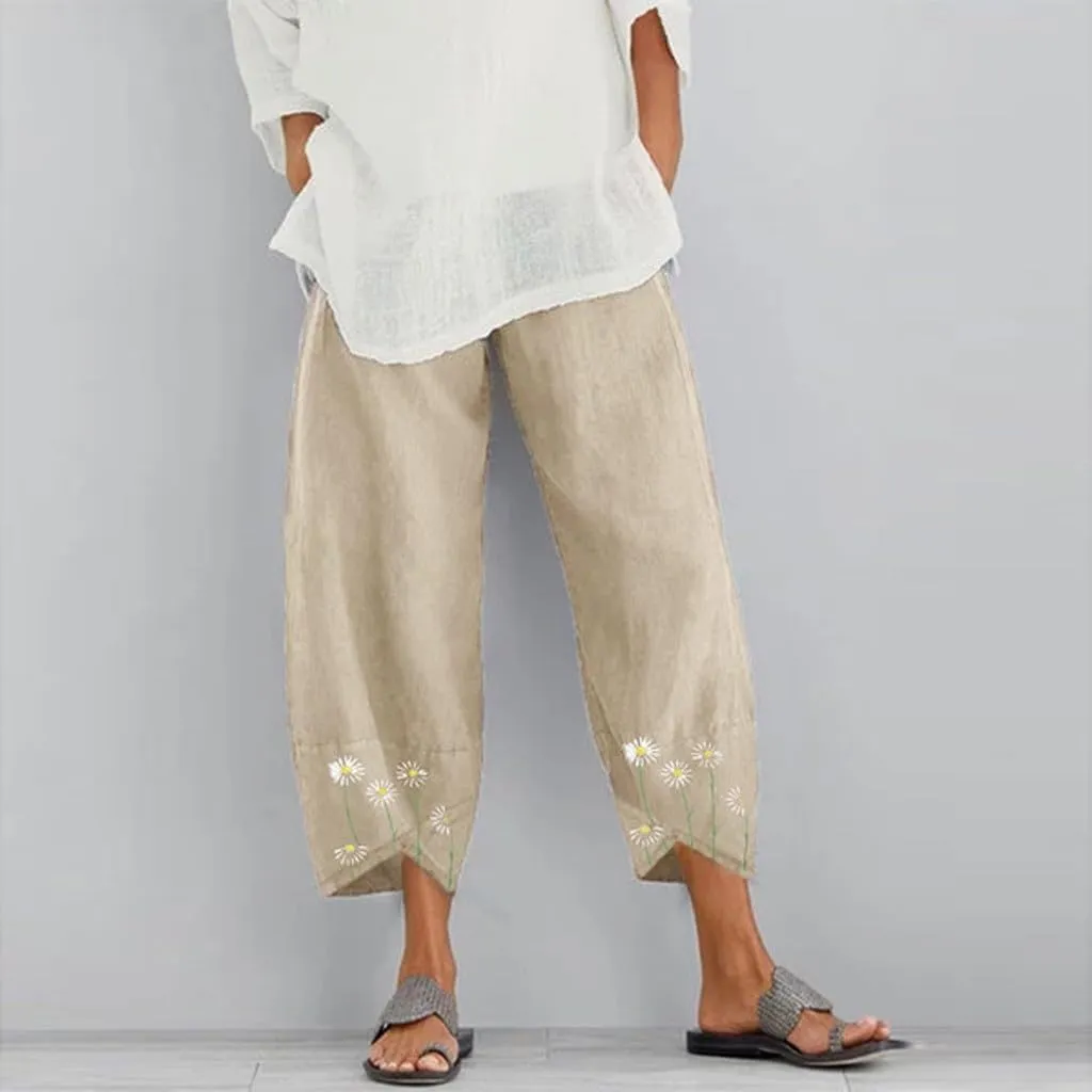 Womens Capri Linen Pants Casual Cropped Baggy Trousers Elastic Waisted Yoga Comfy Loose Palazzo Lounge Pants