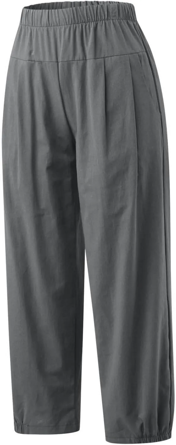 Womens Capri Linen Pants Casual Cropped Baggy Trousers Elastic Waisted Yoga Comfy Loose Palazzo Lounge Pants