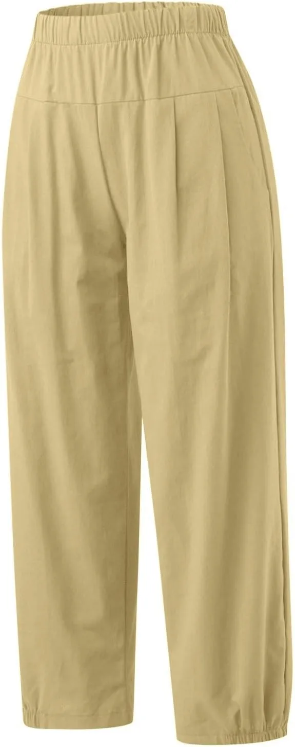 Womens Capri Linen Pants Casual Cropped Baggy Trousers Elastic Waisted Yoga Comfy Loose Palazzo Lounge Pants