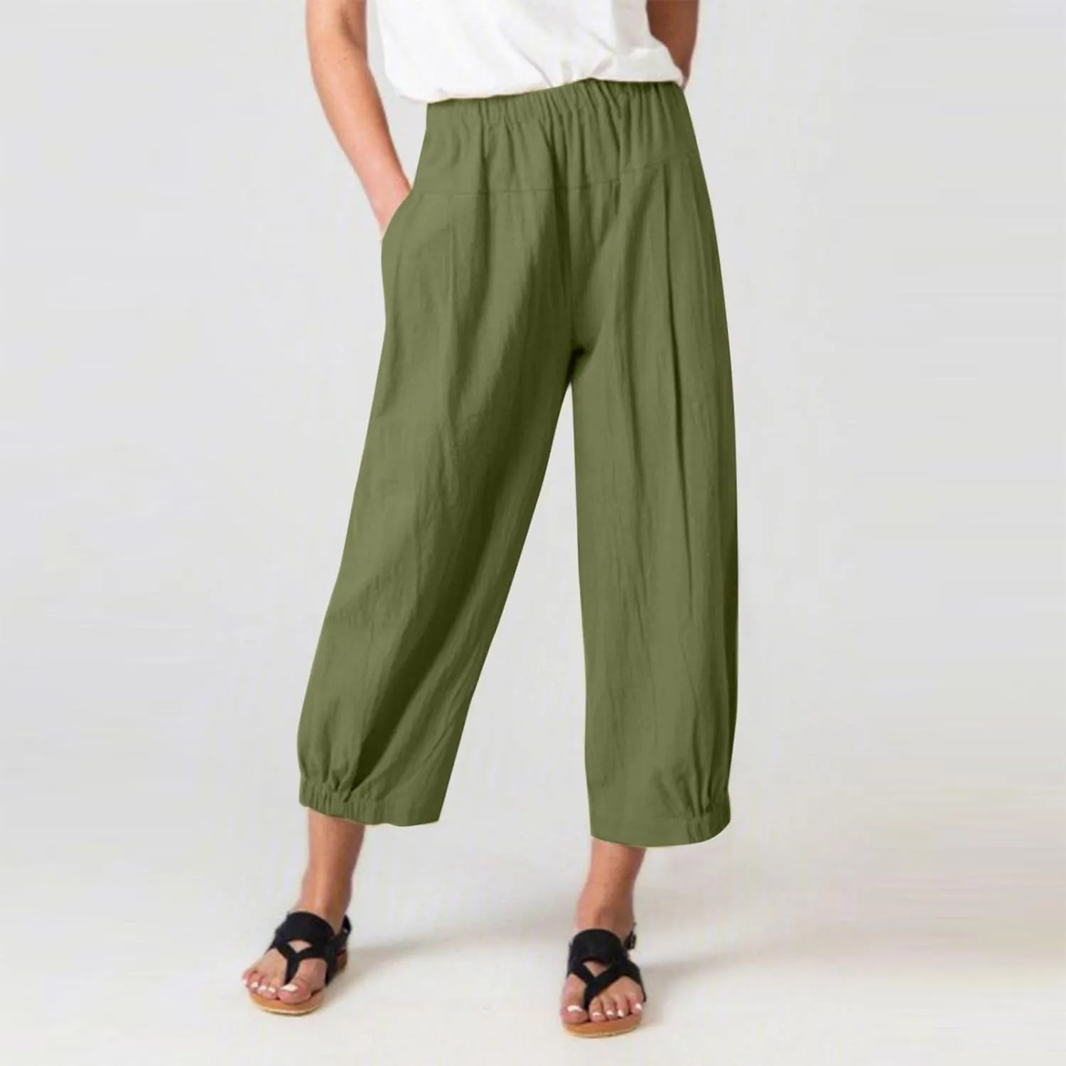 Womens Capri Linen Pants Casual Cropped Baggy Trousers Elastic Waisted Yoga Comfy Loose Palazzo Lounge Pants
