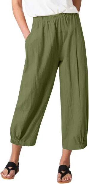 Womens Capri Linen Pants Casual Cropped Baggy Trousers Elastic Waisted Yoga Comfy Loose Palazzo Lounge Pants