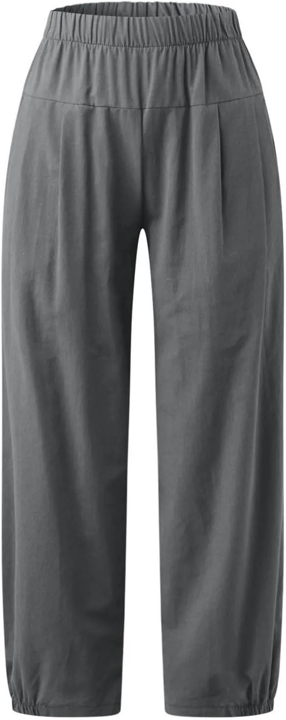 Womens Capri Linen Pants Casual Cropped Baggy Trousers Elastic Waisted Yoga Comfy Loose Palazzo Lounge Pants