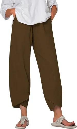 Womens Capri Linen Pants Casual Cropped Baggy Trousers Elastic Waisted Yoga Comfy Loose Palazzo Lounge Pants