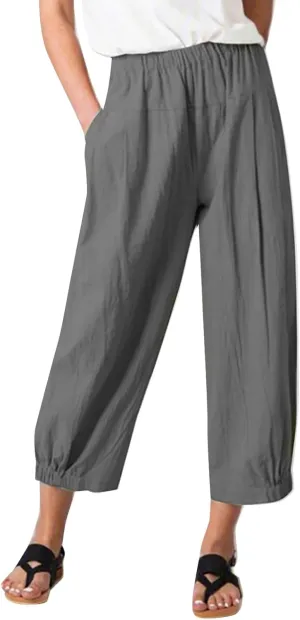 Womens Capri Linen Pants Casual Cropped Baggy Trousers Elastic Waisted Yoga Comfy Loose Palazzo Lounge Pants