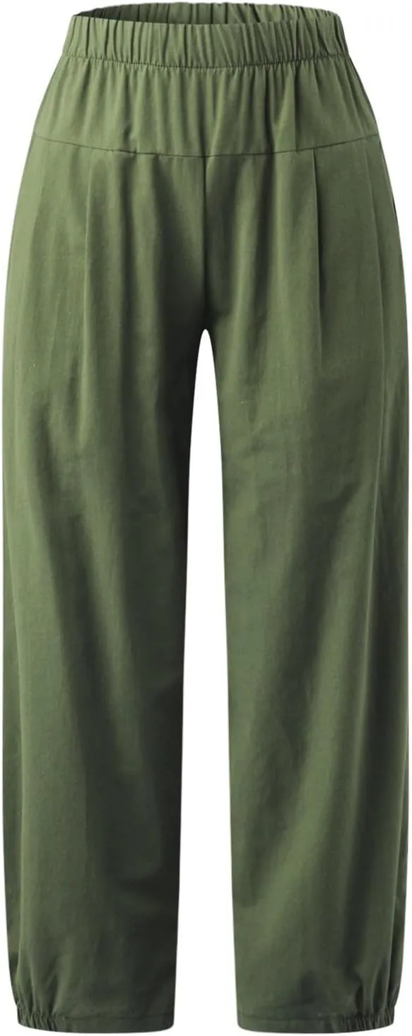 Womens Capri Linen Pants Casual Cropped Baggy Trousers Elastic Waisted Yoga Comfy Loose Palazzo Lounge Pants