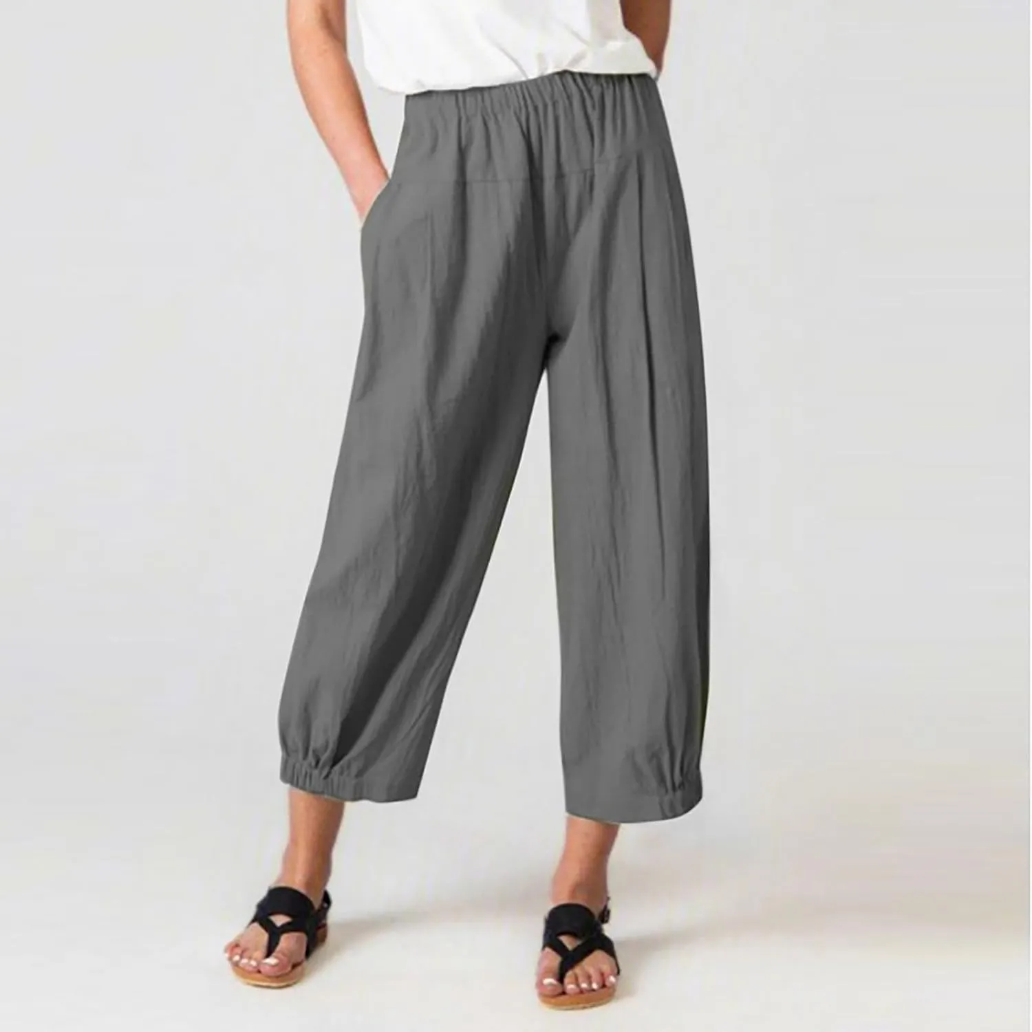 Womens Capri Linen Pants Casual Cropped Baggy Trousers Elastic Waisted Yoga Comfy Loose Palazzo Lounge Pants