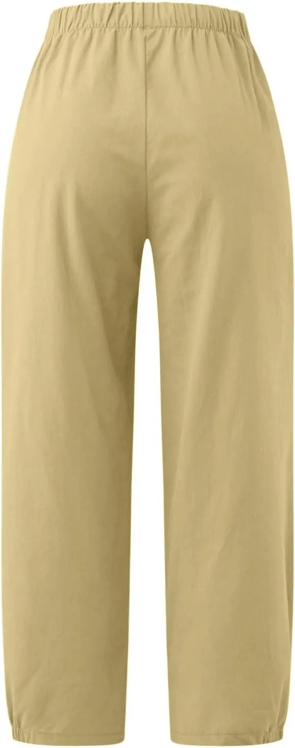 Womens Capri Linen Pants Casual Cropped Baggy Trousers Elastic Waisted Yoga Comfy Loose Palazzo Lounge Pants
